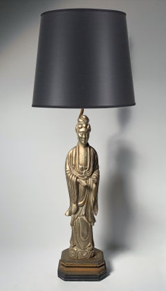 Vintage Oriental Quan Yin Table Lamp with Silver Finish in manner of James Mont