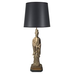 Lampe de table vintage orientale Quan Yin avec finition argentée à la manière de James Mont