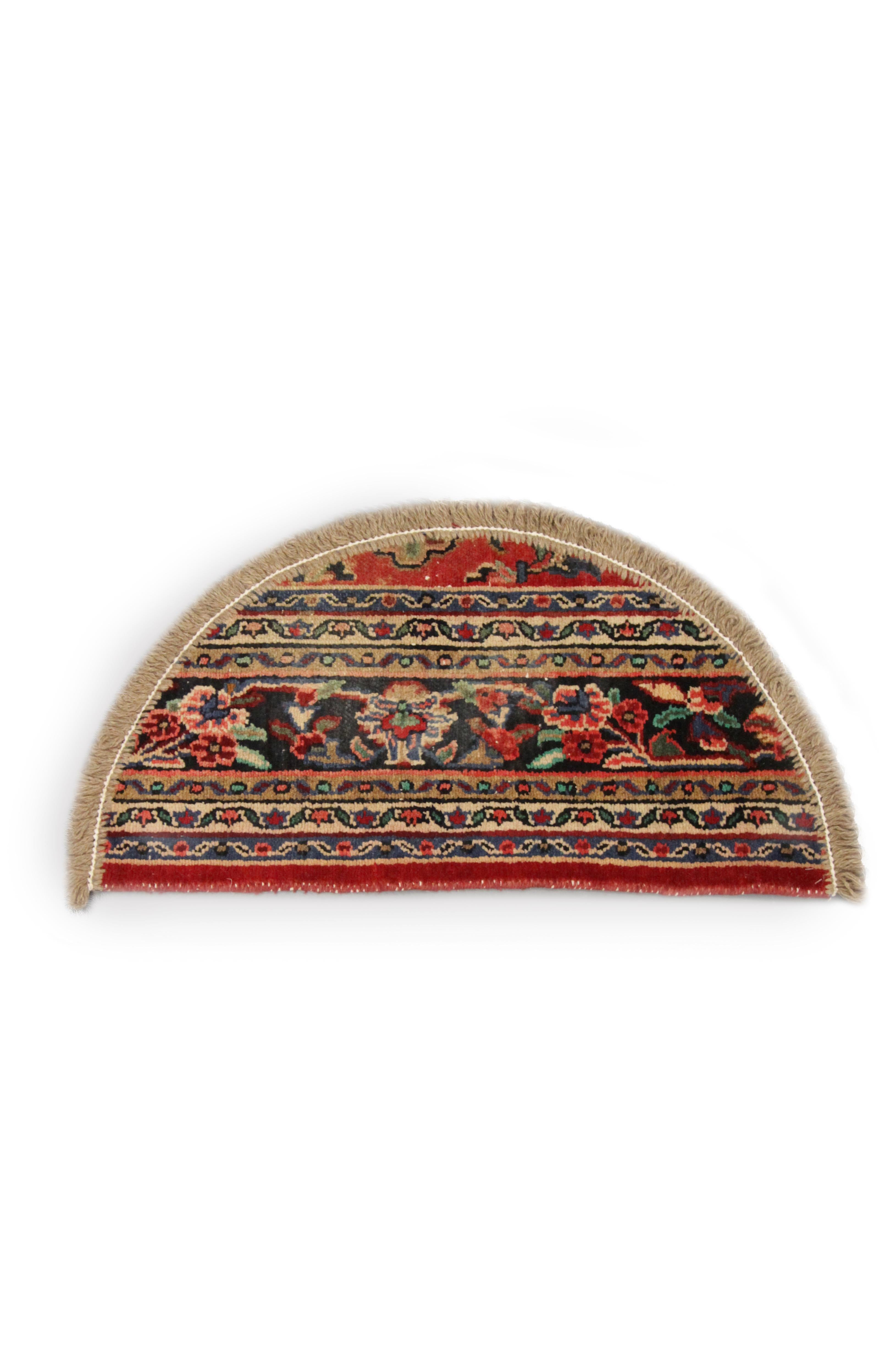 Featuring a layered linear design woven with floral and geometric patterns in harmonious colorways including red, blue, pink and beige. Suitable for use in any doorway in your traditional or modern home. This semicircle entranceway doormat has been