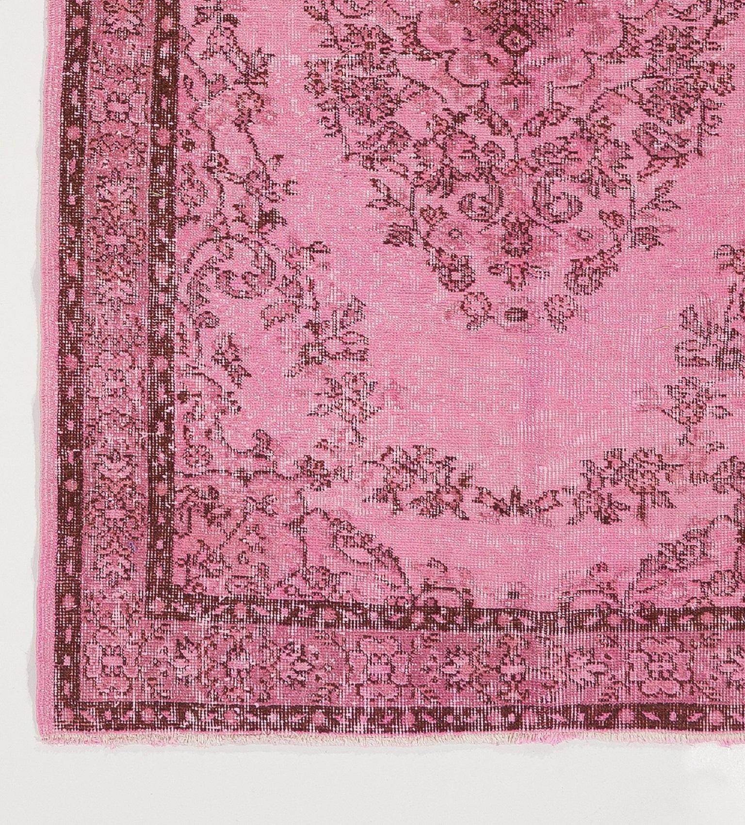A vintage Turkish rug over-dyed in pink color for modern interiors. Finely hand-knotted, sturdy and as clean as a brand new rug (deep washed professionally), low wool pile on cotton foundation.