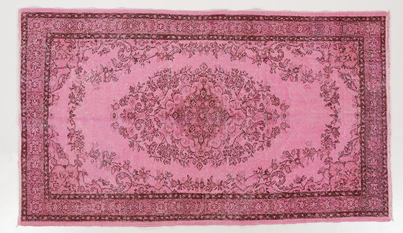 Modern 4.2x7.2 Ft Vintage Turkish Hand-knotted Wool Rug Overdyed in Pink Color