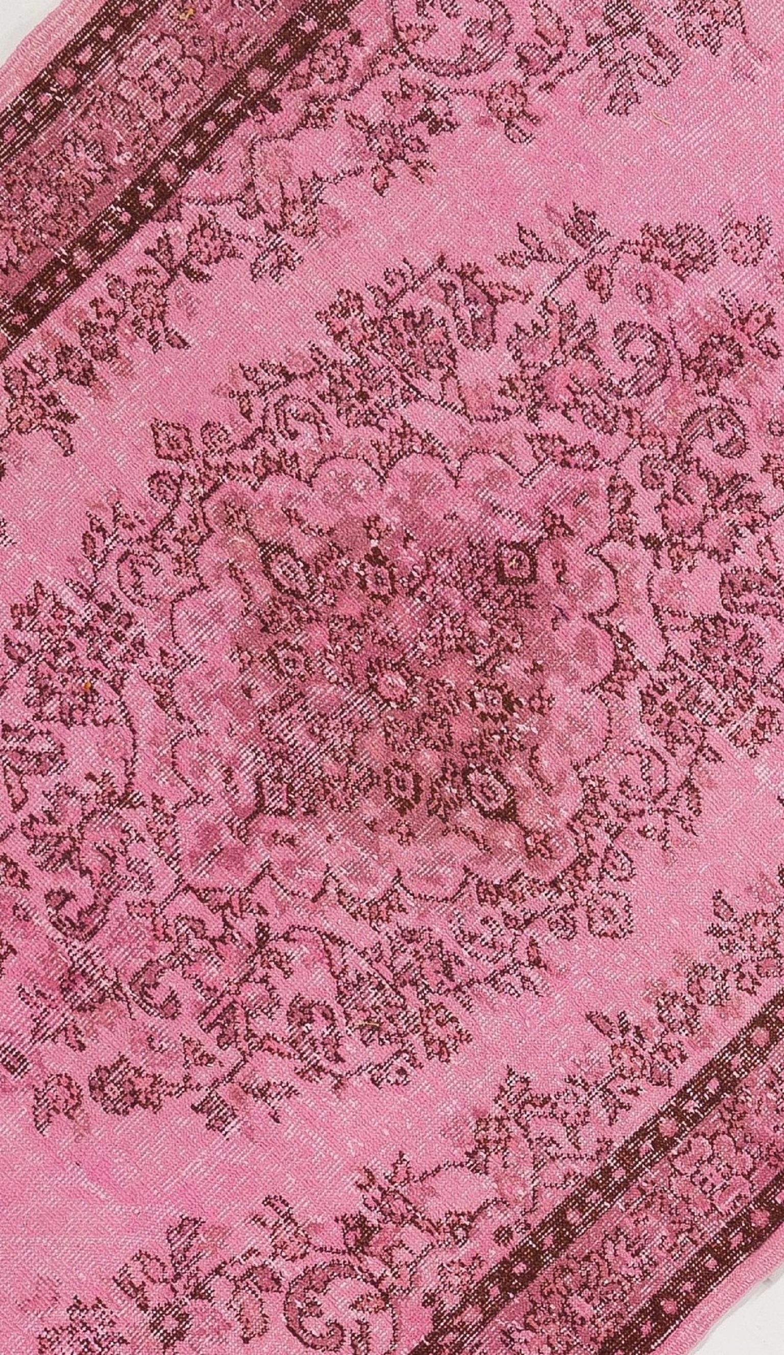 Hand-Knotted 4.2x7.2 Ft Vintage Turkish Hand-knotted Wool Rug Overdyed in Pink Color
