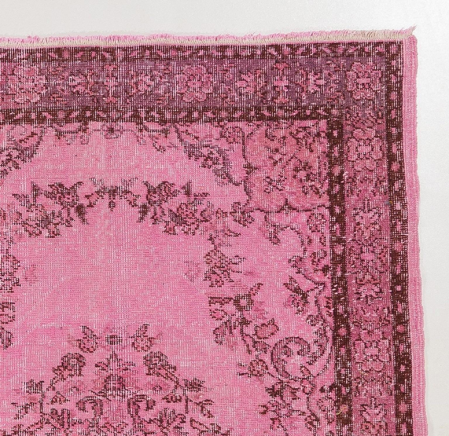 4.2x7.2 Ft Vintage Turkish Hand-knotted Wool Rug Overdyed in Pink Color In Good Condition In Philadelphia, PA