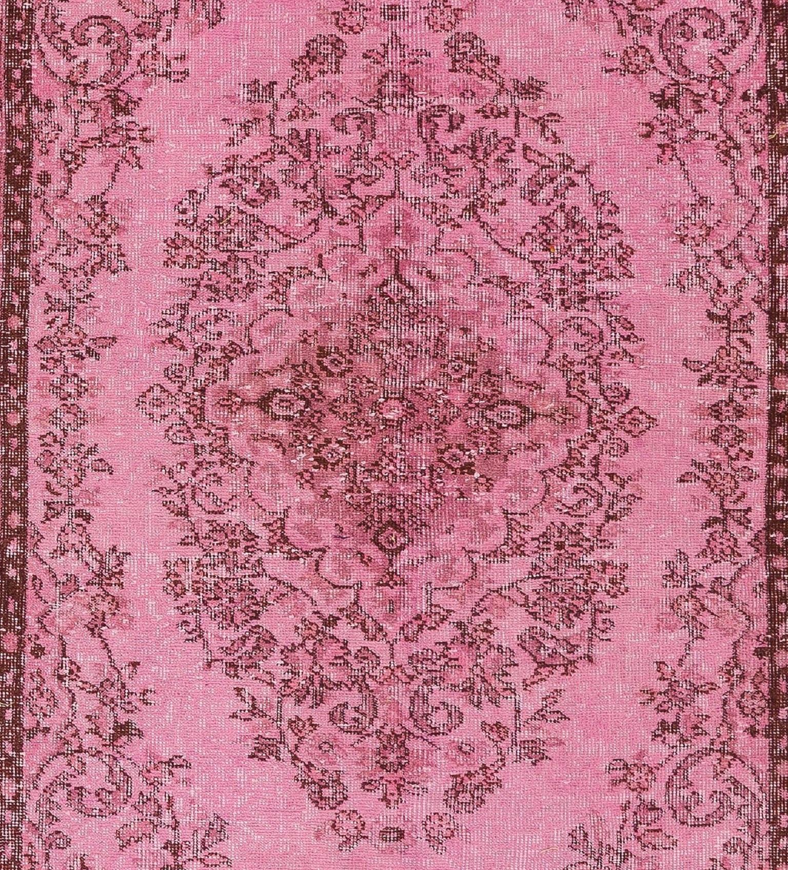 20th Century 4.2x7.2 Ft Vintage Turkish Hand-knotted Wool Rug Overdyed in Pink Color