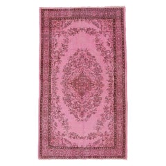 4.2x7.2 Ft Vintage Turkish Hand-knotted Wool Rug Overdyed in Pink Color