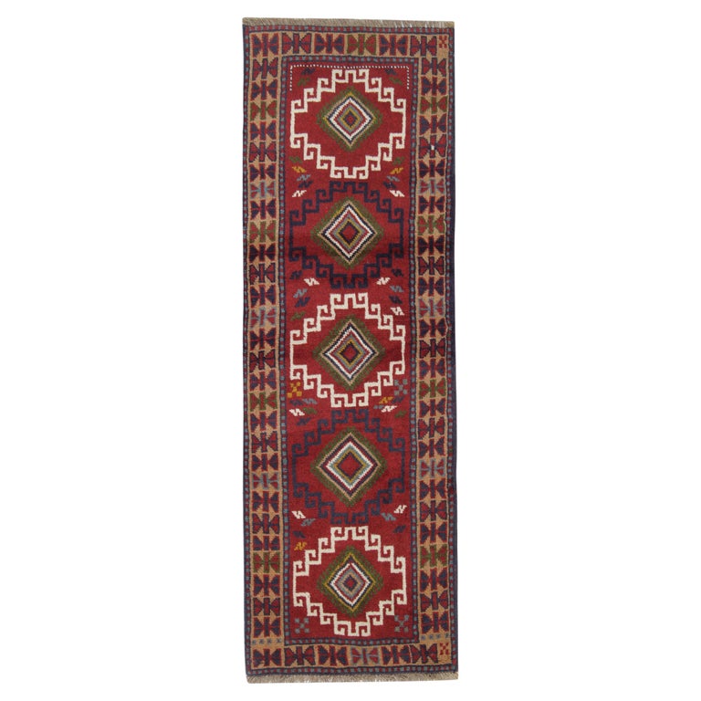 Vintage Oriental Rug Runner Red Traditional Geometric Handmade Carpet