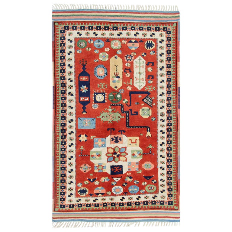 Vintage Oriental Rug Tribal Carpet Geometric Red Wool Rug For Sale at