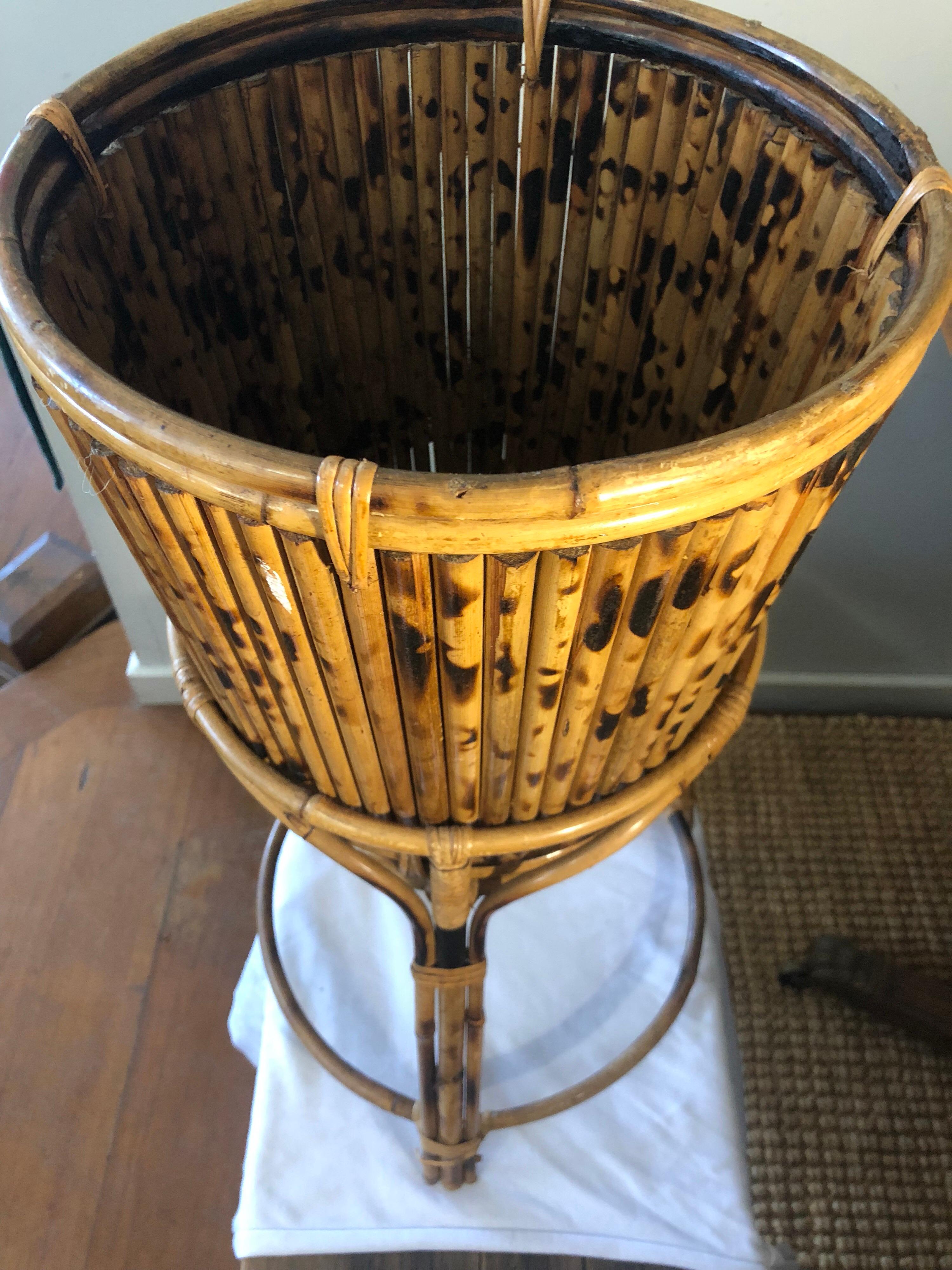 Vintage Oriental Tiger Bamboo and Rattan Planter Pot and Stand For Sale 1