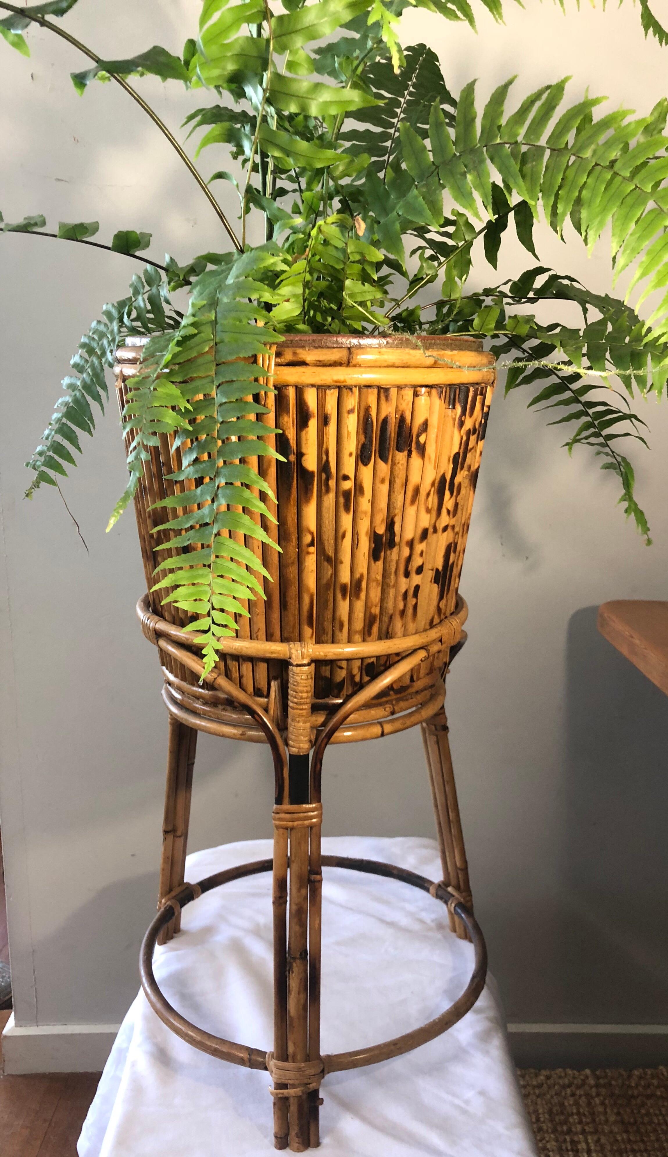 Vintage Oriental Tiger Bamboo and Rattan Planter Pot and Stand For Sale 3