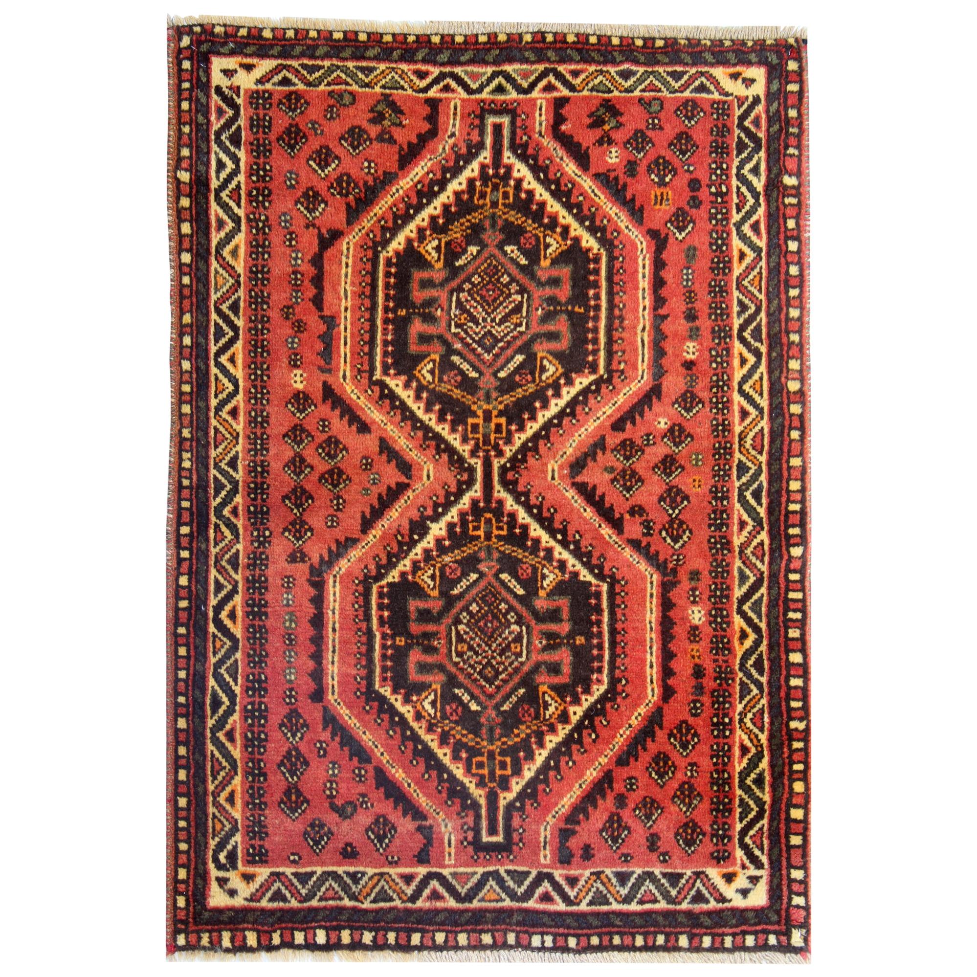 Vintage Oriental Tribal Rug, Geometric Handmade Wool Carpet Area Rug For Sale