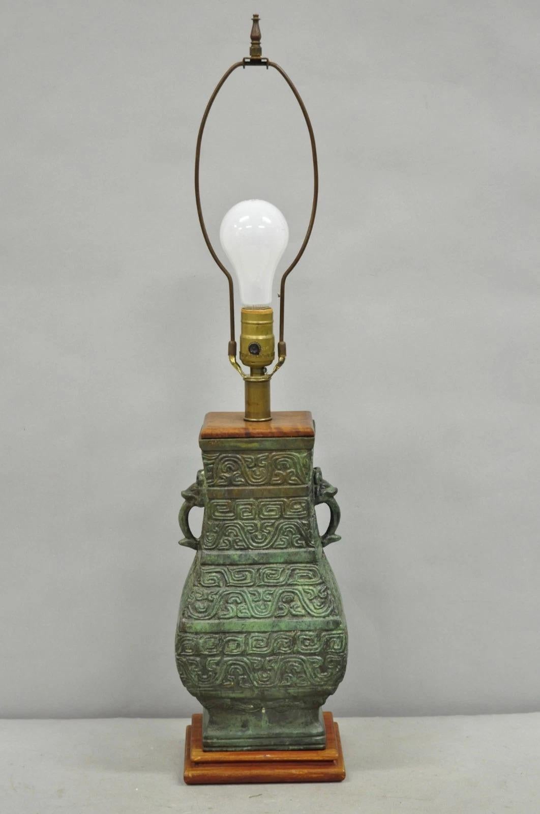 Vintage Oriental Verdigris Green Archaic Bronze Figural Chinese Table Lamp For Sale 6