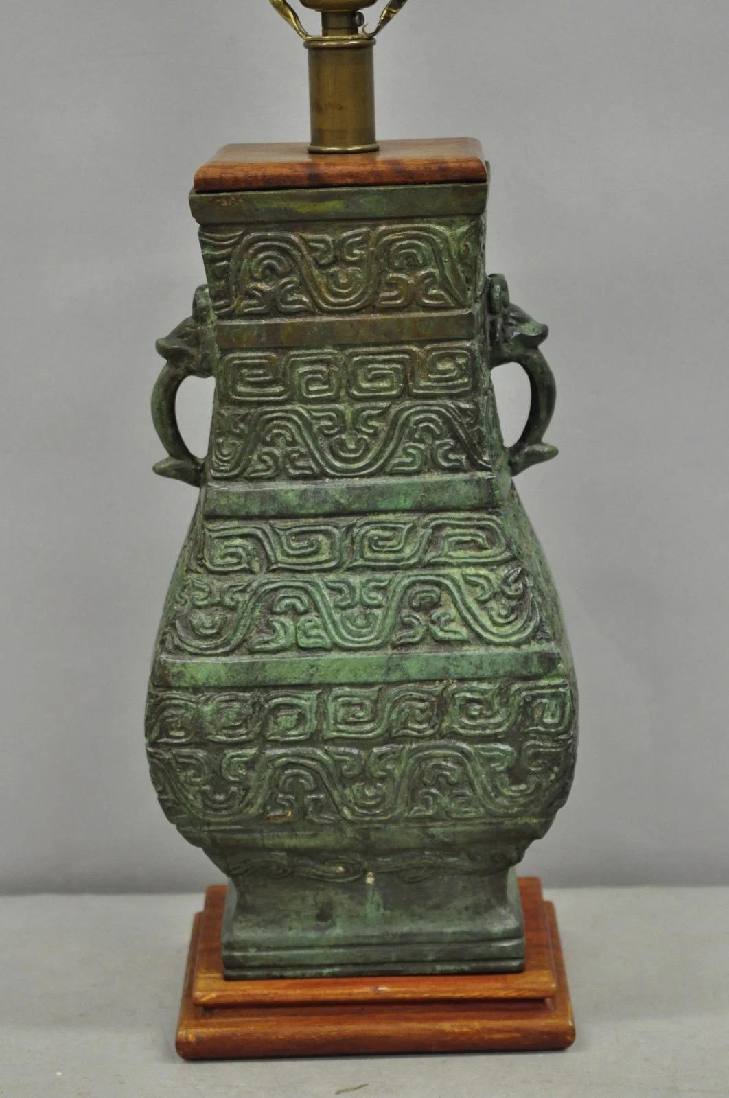 Chinoiserie Vintage Oriental Verdigris Green Archaic Bronze Figural Chinese Table Lamp For Sale