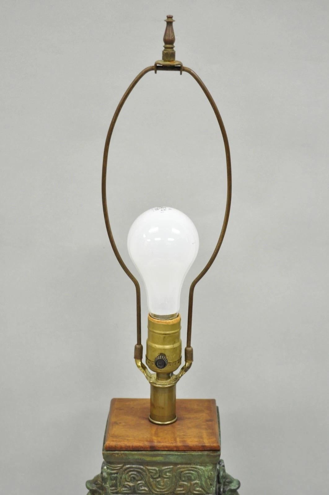 20th Century Vintage Oriental Verdigris Green Archaic Bronze Figural Chinese Table Lamp For Sale