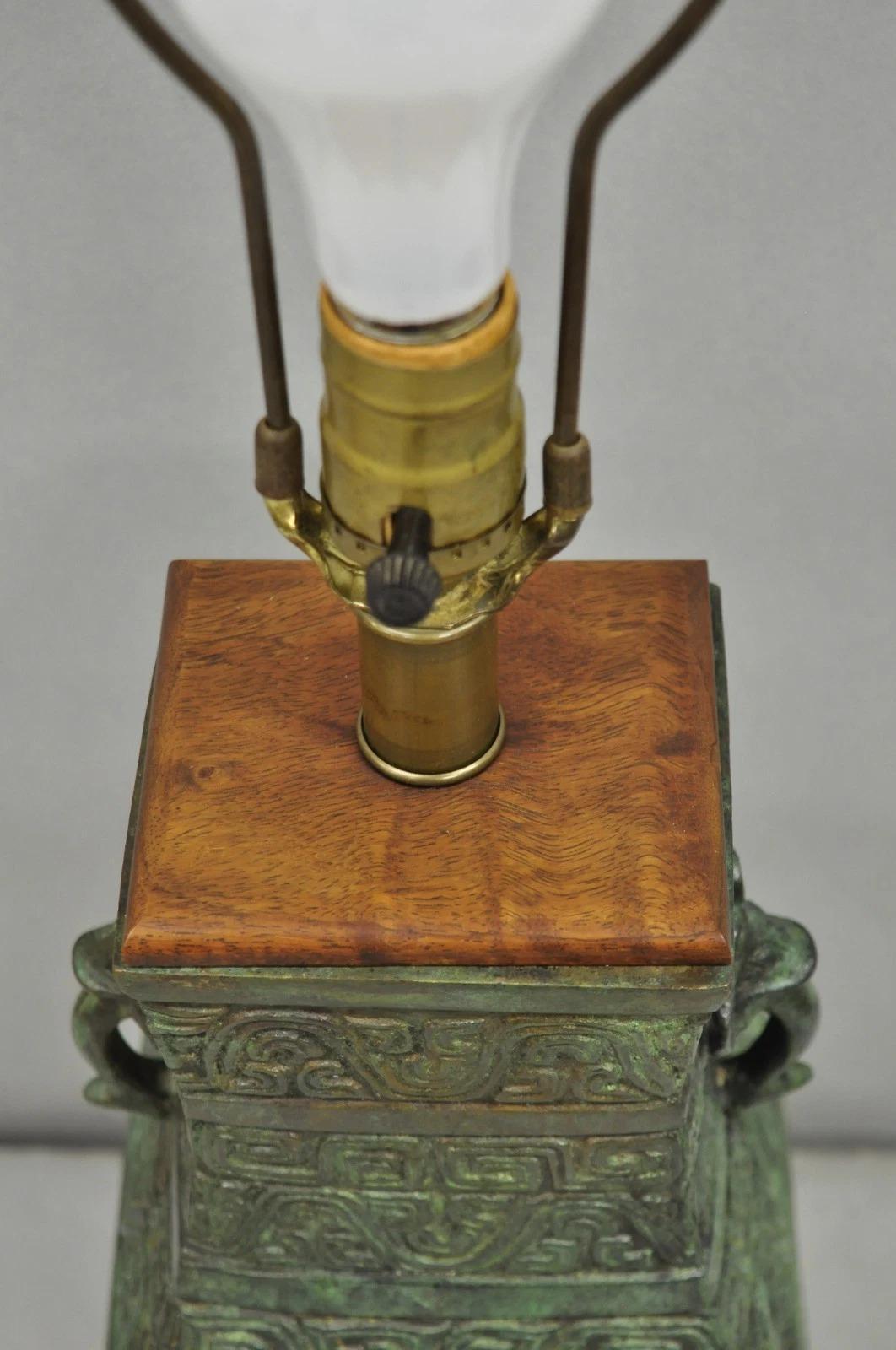 Vintage Oriental Verdigris Green Archaic Bronze Figural Chinese Table Lamp For Sale 1