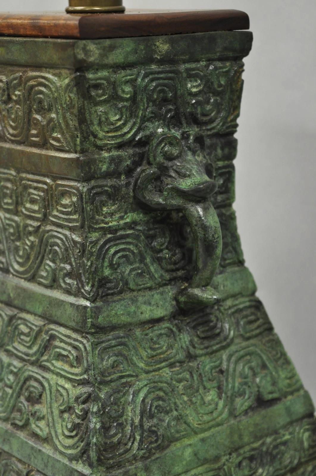 Vintage Oriental Verdigris Green Archaic Bronze Figural Chinese Table Lamp For Sale 2