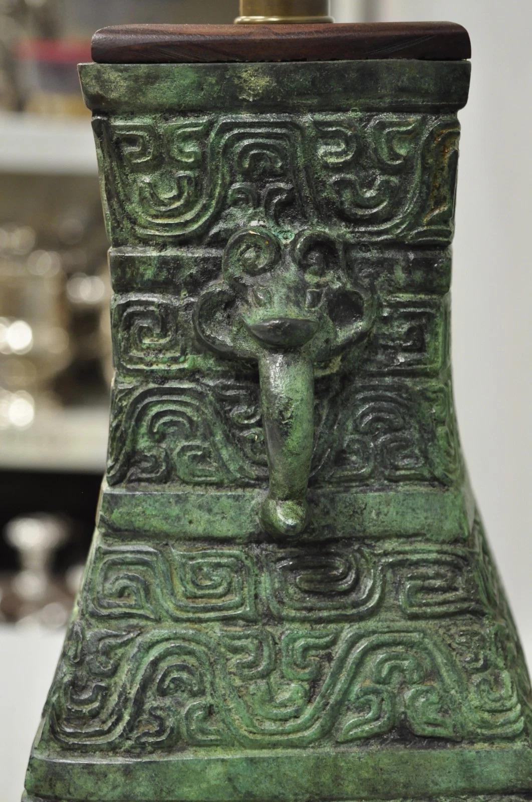 Vintage Oriental Verdigris Green Archaic Bronze Figural Chinese Table Lamp For Sale 3