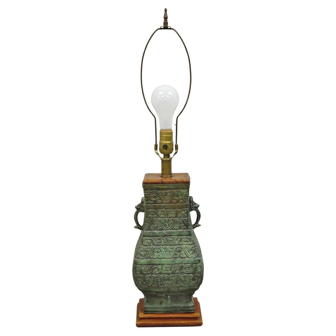 Vintage Oriental Verdigris Green Archaic Bronze Figural Chinese Table Lamp For Sale