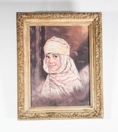 Vintage Orientalist Oil on Canvas A Portrait of A Young Girl