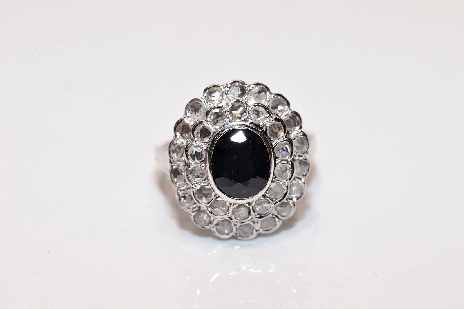 Retro Vintage Original 14k Gold Circa 1970s Natural Rose Cut Diamond and Sapphire Ring For Sale