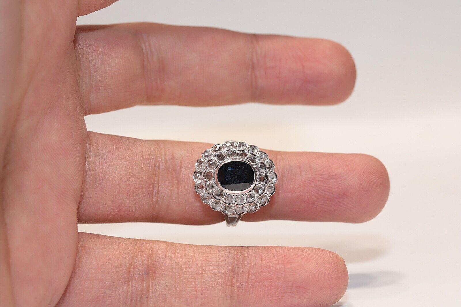 Vintage Original 14k Gold Circa 1970s Natural Rose Cut Diamond and Sapphire Ring For Sale 3