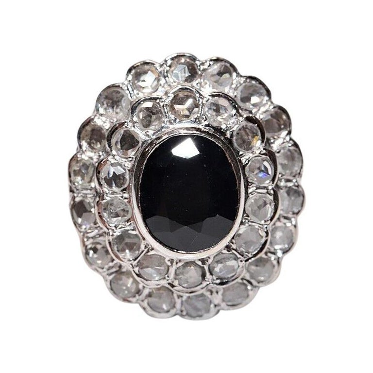 Vintage Original 14k Gold Circa 1970s Natural Rose Cut Diamond and Sapphire Ring For Sale