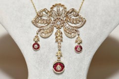 Collar colgante vintage original de oro de 14k con diamante natural y rubí calibre