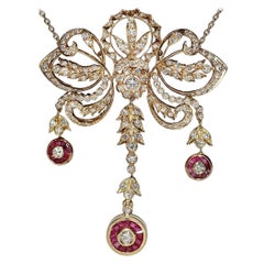 Vintage Original 14k Gold Natural Diamond And Caliber Ruby Pendant Necklace
