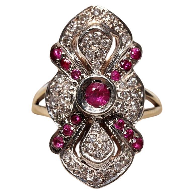 Vintage Original 14k Gold Top Silver Natural Diamond And Ruby Navette Ring For Sale