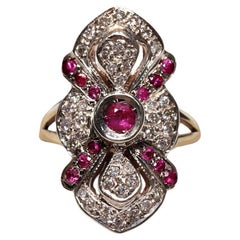 Retro Original 14k Gold Top Silver Natural Diamond And Ruby Navette Ring