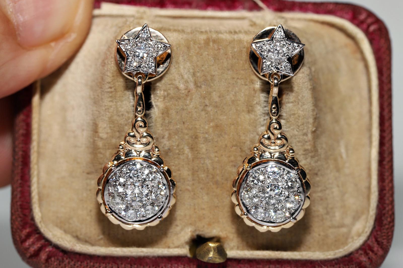 Vintage Original 14k Gold Natural Diamond Decorated Drop Earring For Sale 5