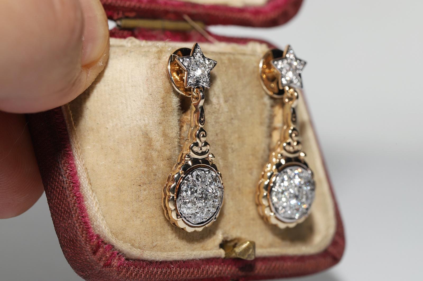 Vintage Original 14k Gold Natural Diamond Decorated Drop Earring For Sale 6