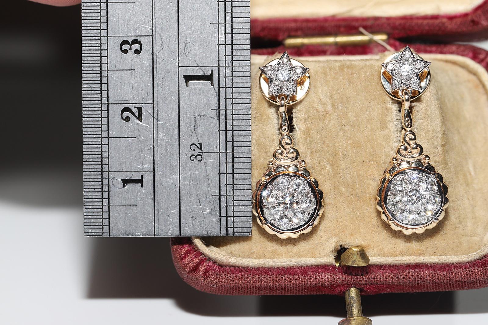 Vintage Original 14k Gold Natural Diamond Decorated Drop Earring For Sale 7