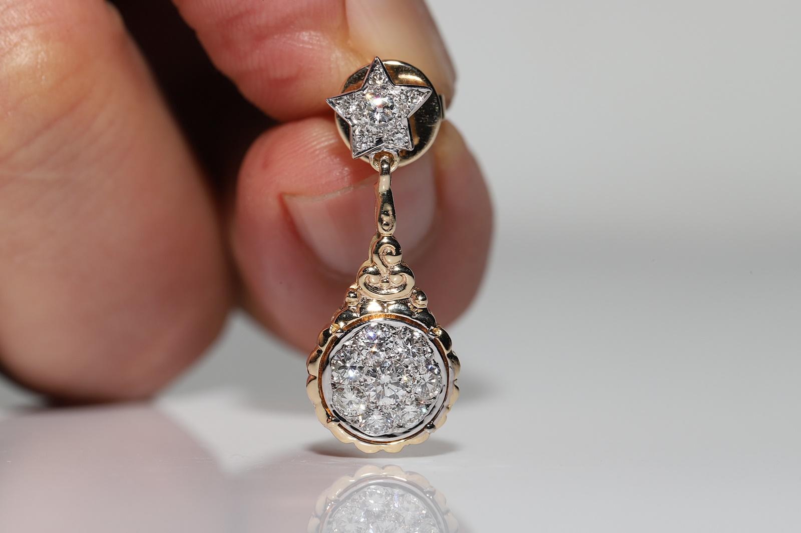 Retro Vintage Original 14k Gold Natural Diamond Decorated Drop Earring For Sale