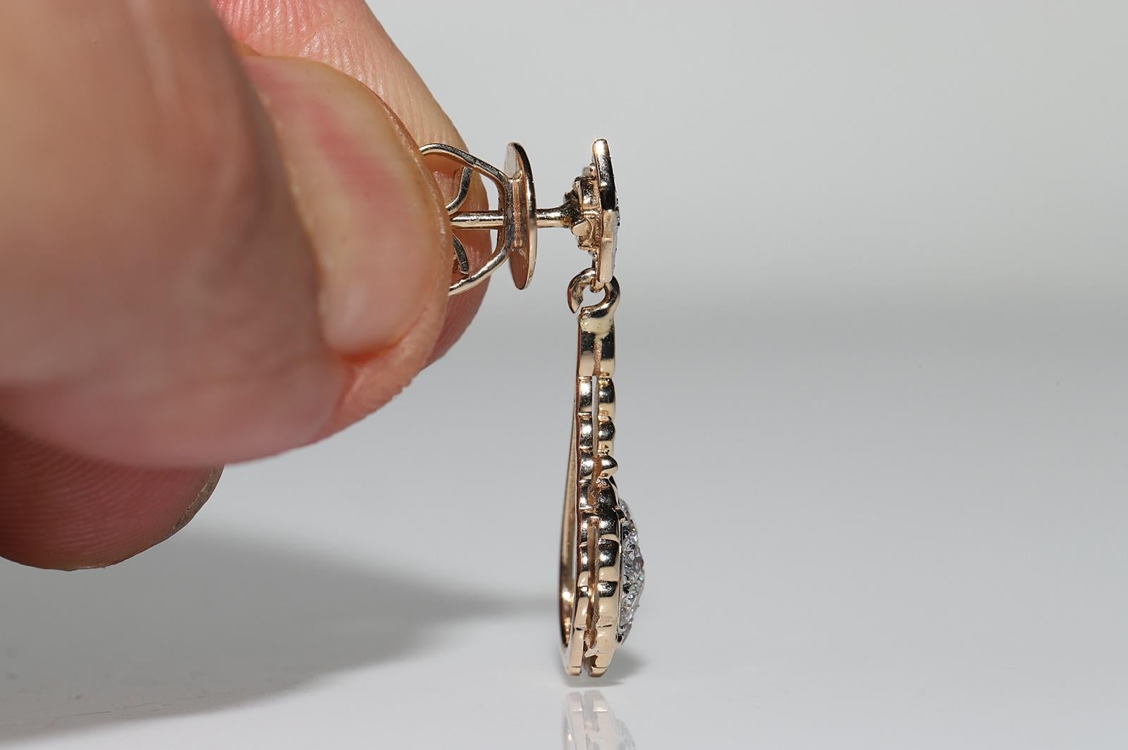 Brilliant Cut Vintage Original 14k Gold Natural Diamond Decorated Drop Earring For Sale