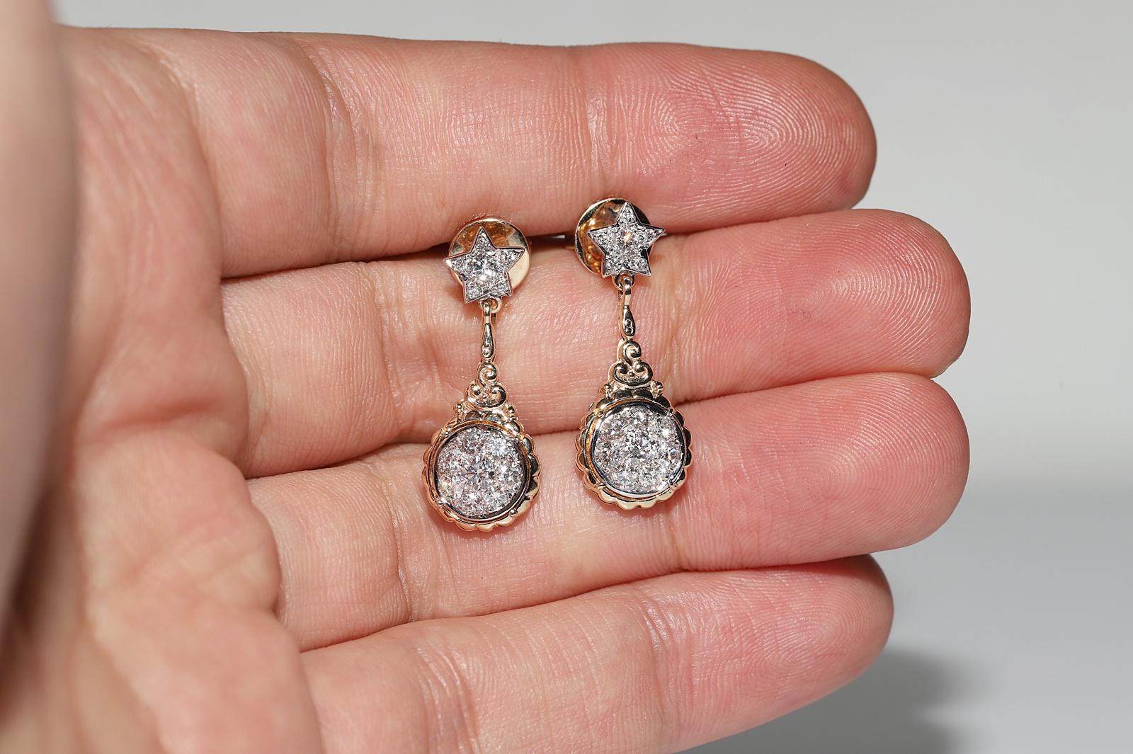 Vintage Original 14k Gold Natural Diamond Decorated Drop Earring For Sale 1