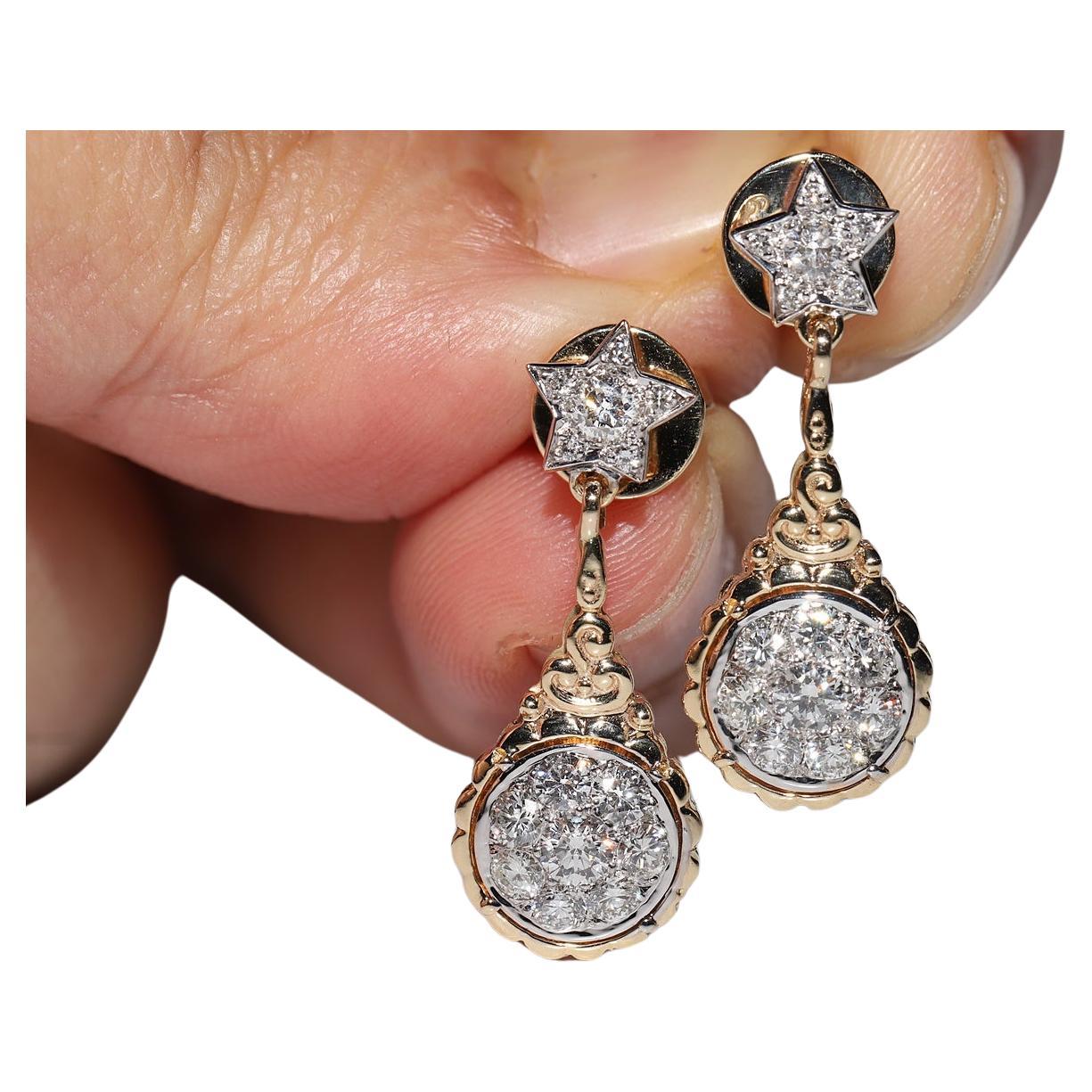 Vintage Original 14k Gold Natural Diamond Decorated Drop Earring For Sale