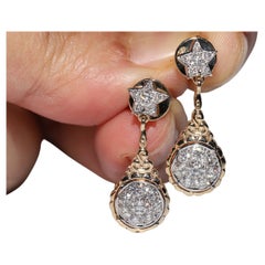 Vintage Original 14k Gold Natural Diamond Decorated Drop Earring (Boucles d'oreilles pendantes ornées de diamants naturels)