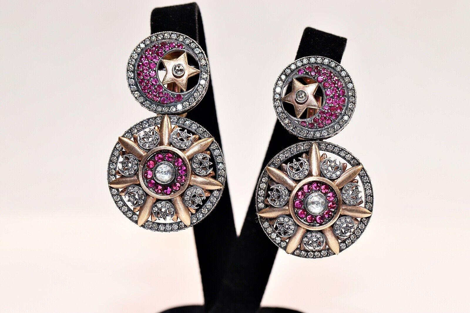 Vintage Original 18k Gold And Silver Natural Diamond Ruby Decorated Earring  For Sale 7