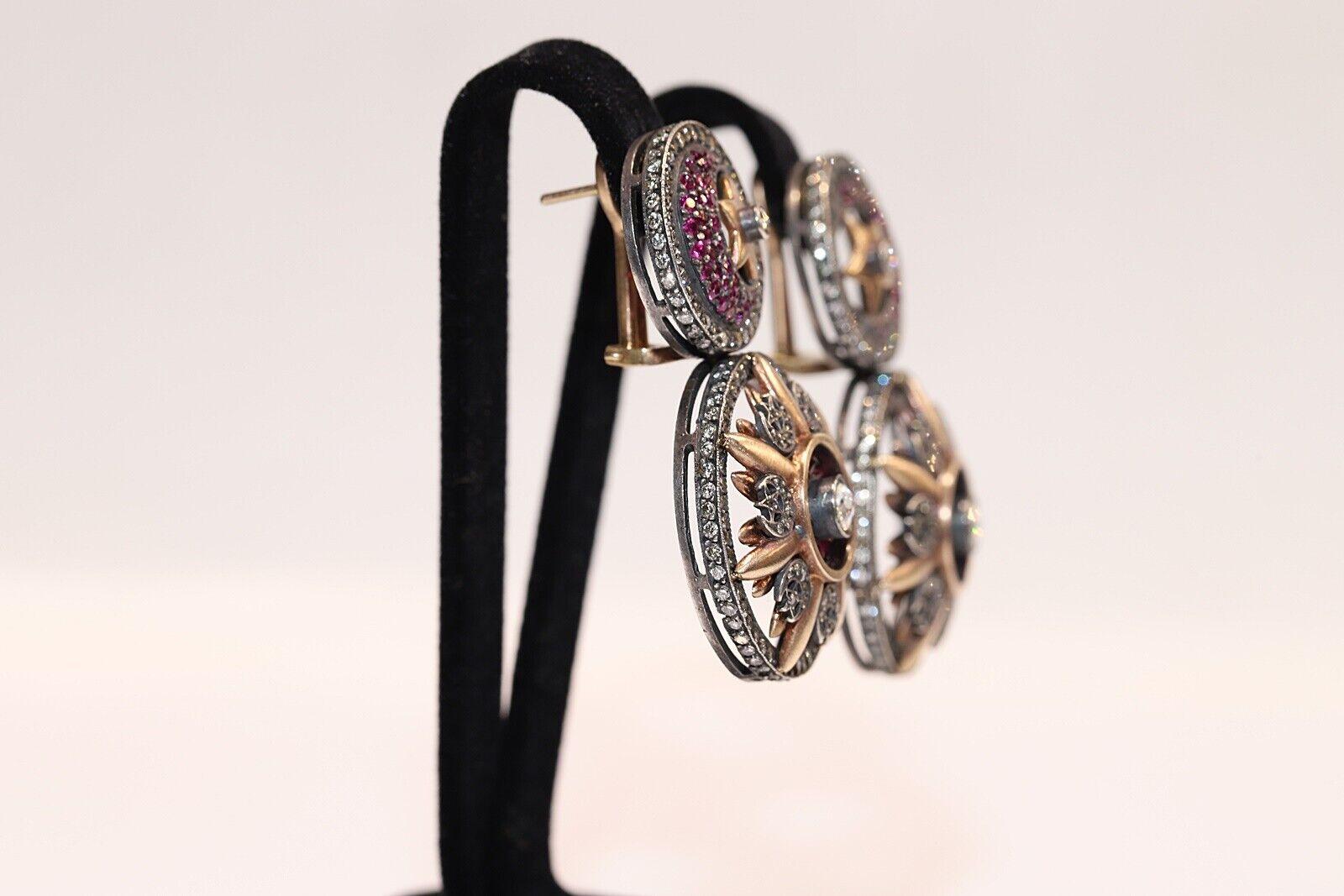 Brilliant Cut Vintage Original 18k Gold And Silver Natural Diamond Ruby Decorated Earring  For Sale
