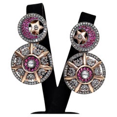Retro Original 18k Gold And Silver Natural Diamond Ruby Decorated Earring 