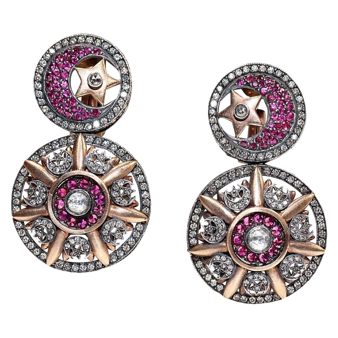 Orecchino d'epoca originale in oro e argento 18k con diamante naturale e rubino decorato