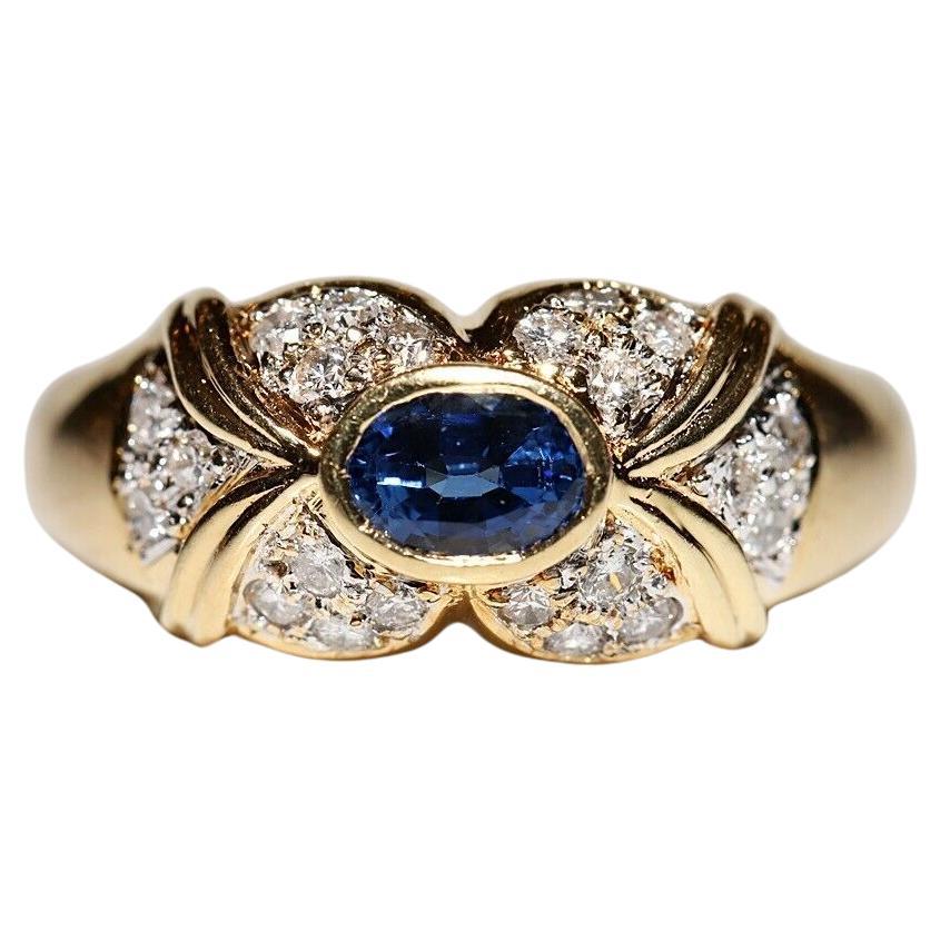 Vintage Original 18k Gold Circa 1980s Natural Diamond And Sapphire Ring For Sale