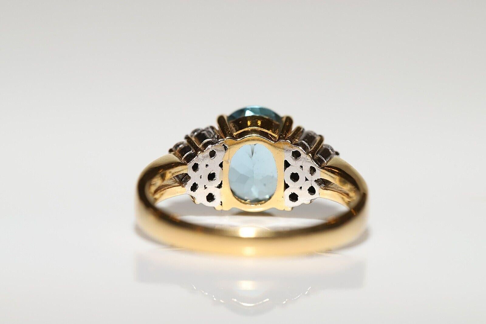 Retro Vintage Original 18k Gold Natural Diamond And Aquamarine Decorated Ring For Sale