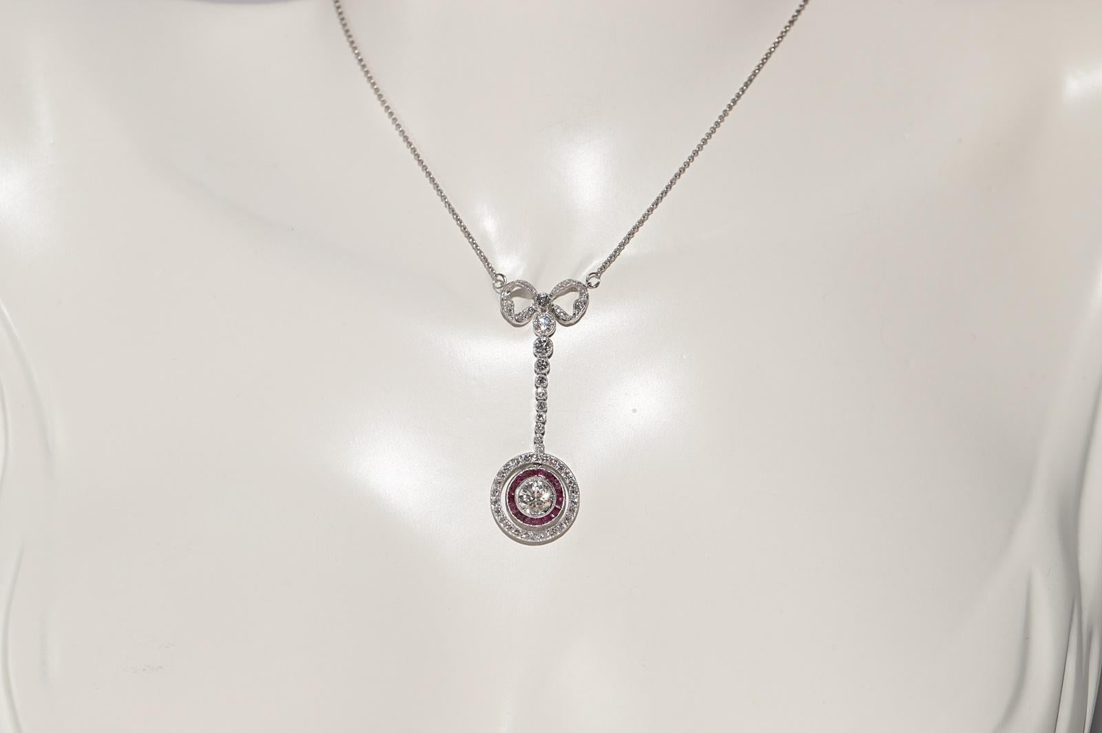 Art Deco Vintage Original 18k Gold Natural Diamond And Caliber Cut Ruby Pendant Necklace For Sale