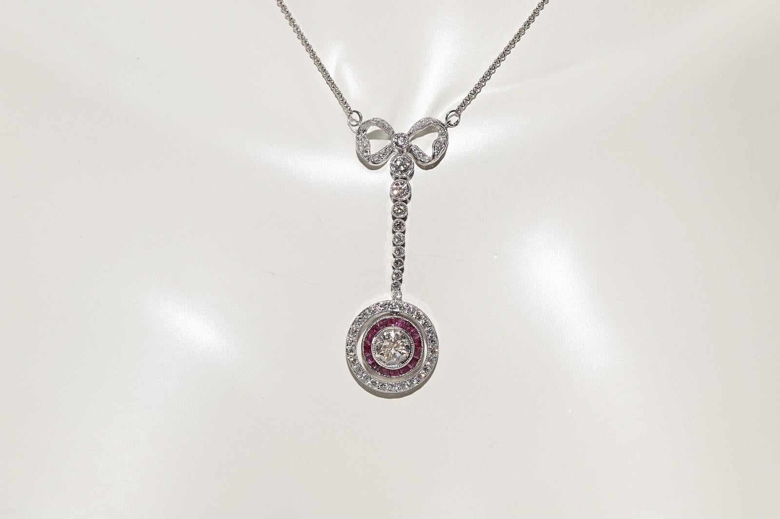 Brilliant Cut Vintage Original 18k Gold Natural Diamond And Caliber Cut Ruby Pendant Necklace For Sale
