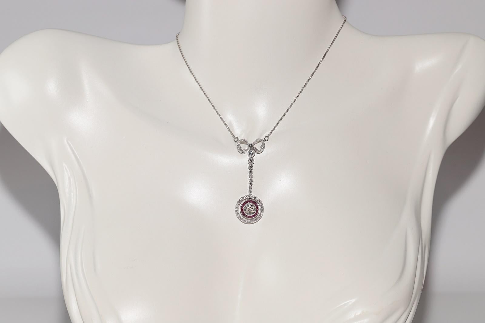 Women's Vintage Original 18k Gold Natural Diamond And Caliber Cut Ruby Pendant Necklace For Sale