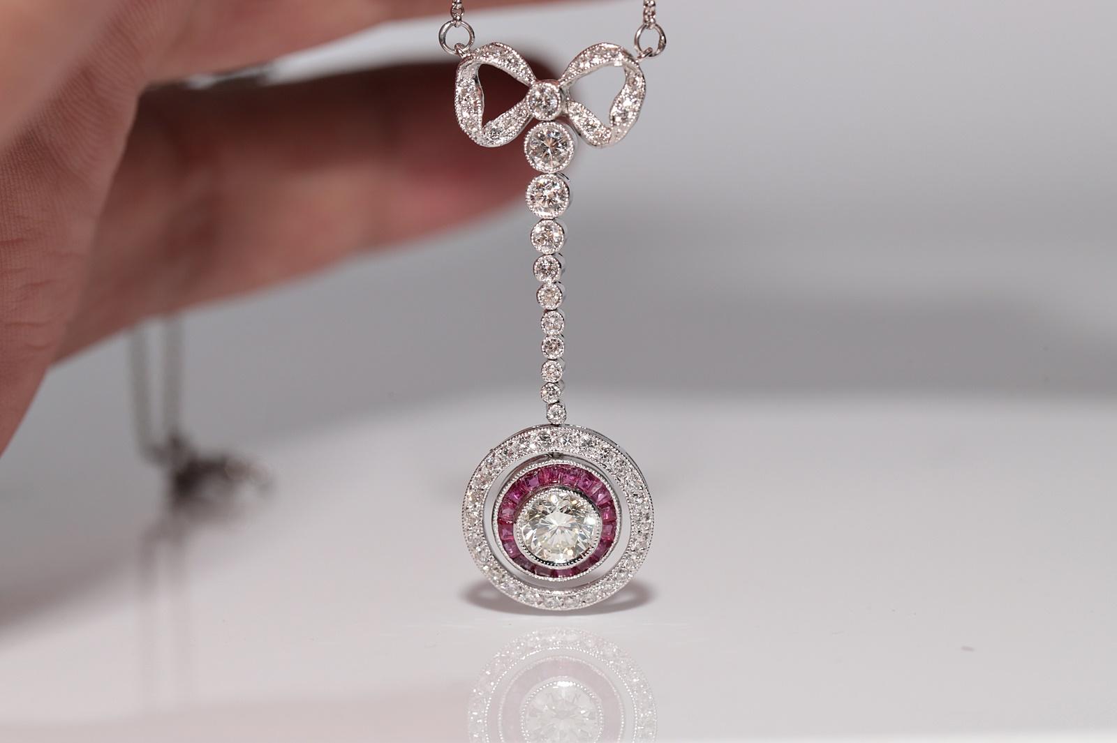 Vintage Original 18k Gold Natural Diamond And Caliber Cut Ruby Pendant Necklace For Sale 1