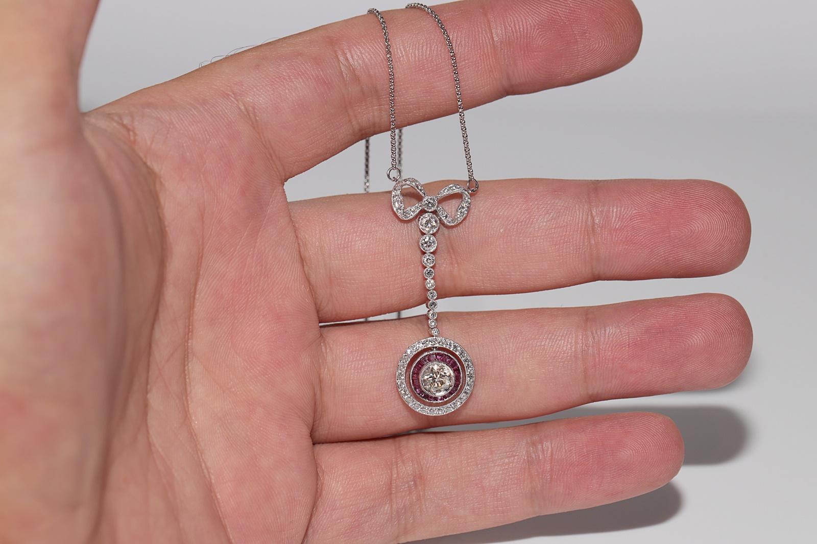 Vintage Original 18k Gold Natural Diamond And Caliber Cut Ruby Pendant Necklace For Sale 2