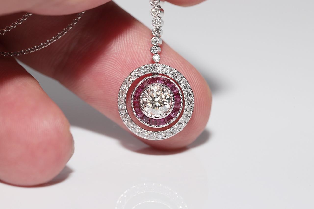 Vintage Original 18k Gold Natural Diamond And Caliber Cut Ruby Pendant Necklace For Sale 3