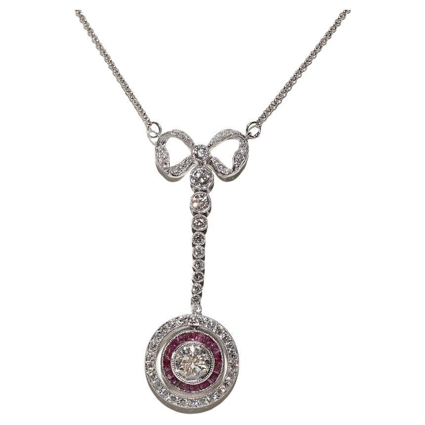 Vintage Original 18k Gold Natural Diamond And Caliber Cut Ruby Pendant Necklace For Sale